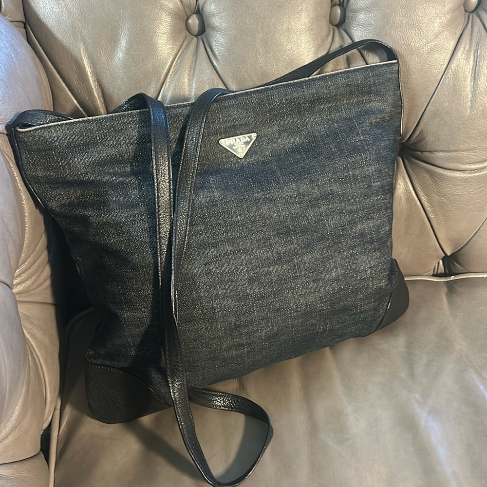 PRADA Unisex Black Denim & Leather Flat Messenger Pouch Crossbody Bag RARE
